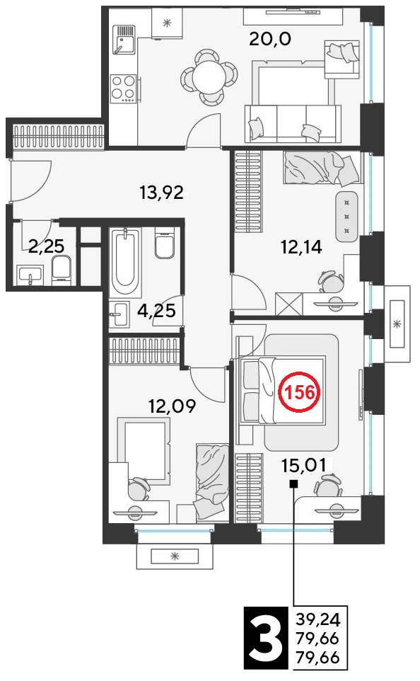 3 комн. квартира, 79.7 м², 14 этаж 