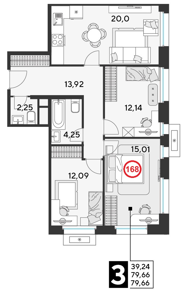 3 комн. квартира, 79.7 м², 15 этаж 