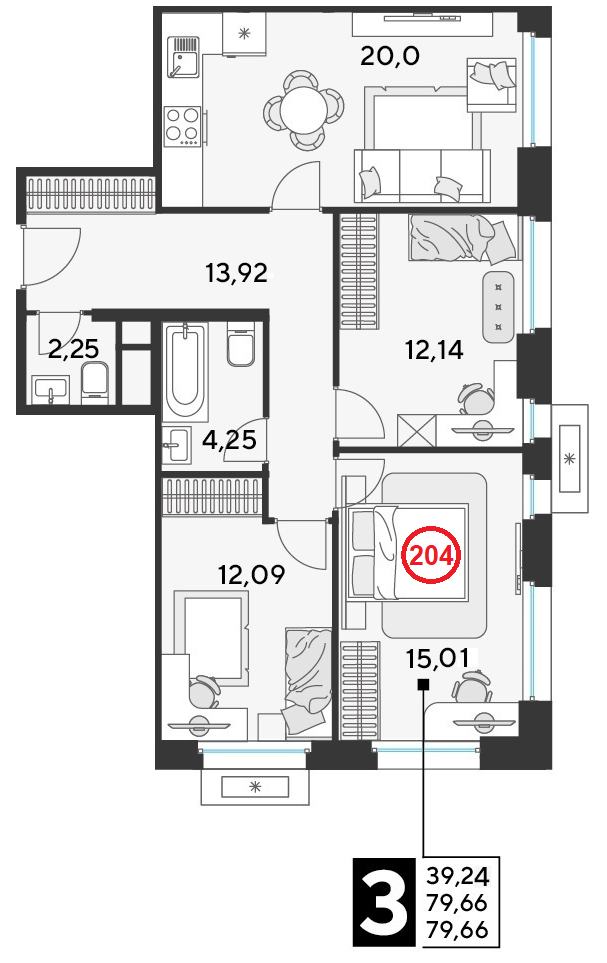 3 комн. квартира, 79.7 м², 18 этаж 