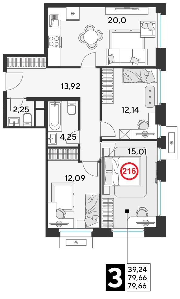 3 комн. квартира, 79.7 м², 19 этаж 