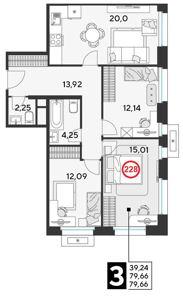 3 комн. квартира, 79.7 м², 20 этаж 