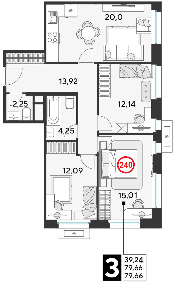3 комн. квартира, 79.7 м², 21 этаж 