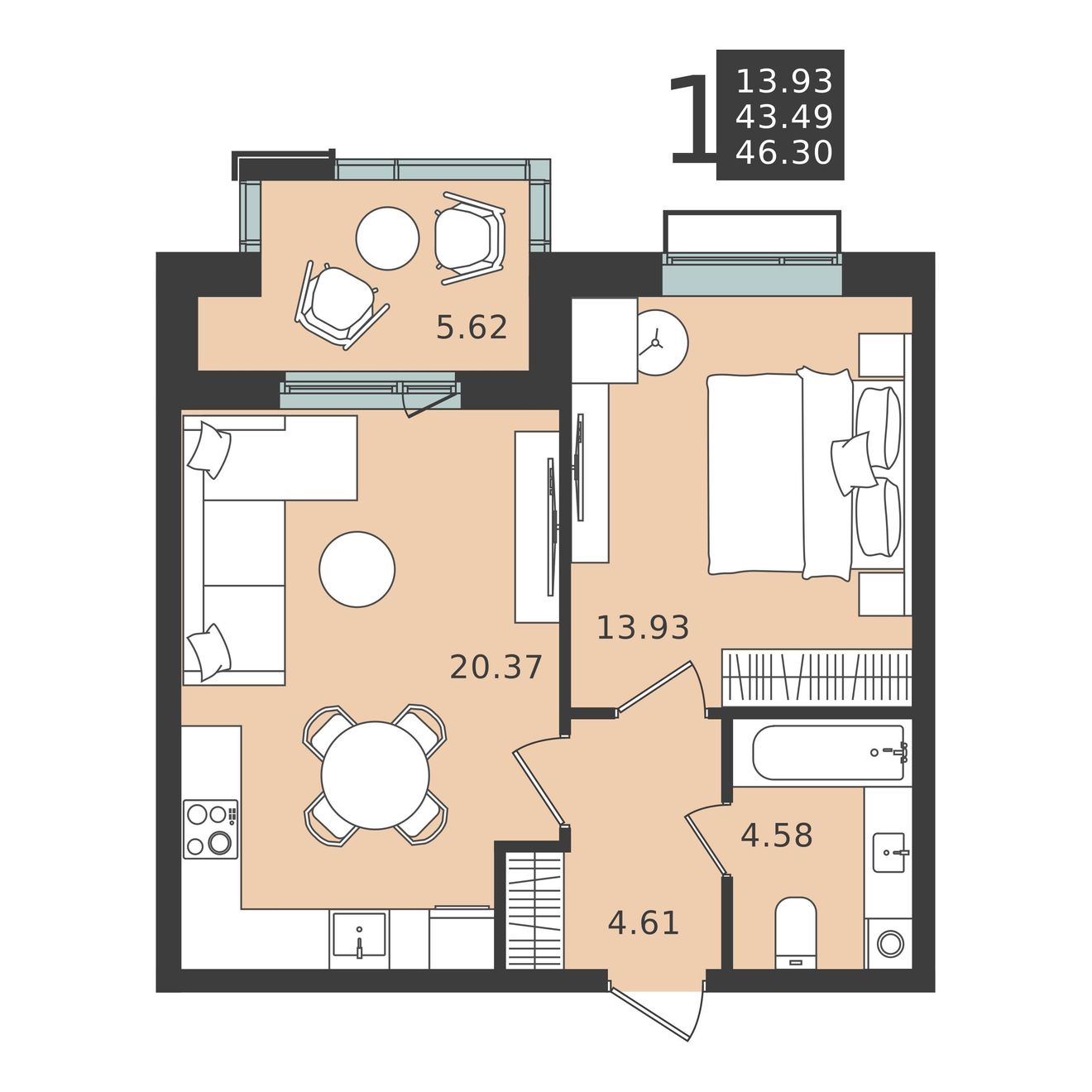 1 комн. квартира, 46.3 м², 5 этаж 
