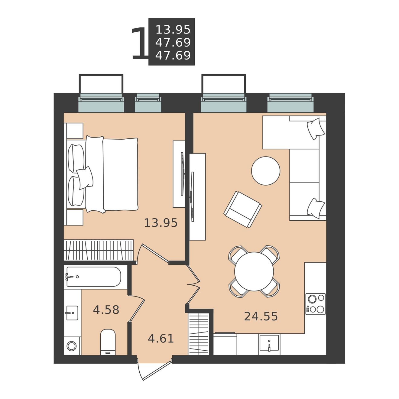 1 комн. квартира, 47.7 м², 2 этаж 