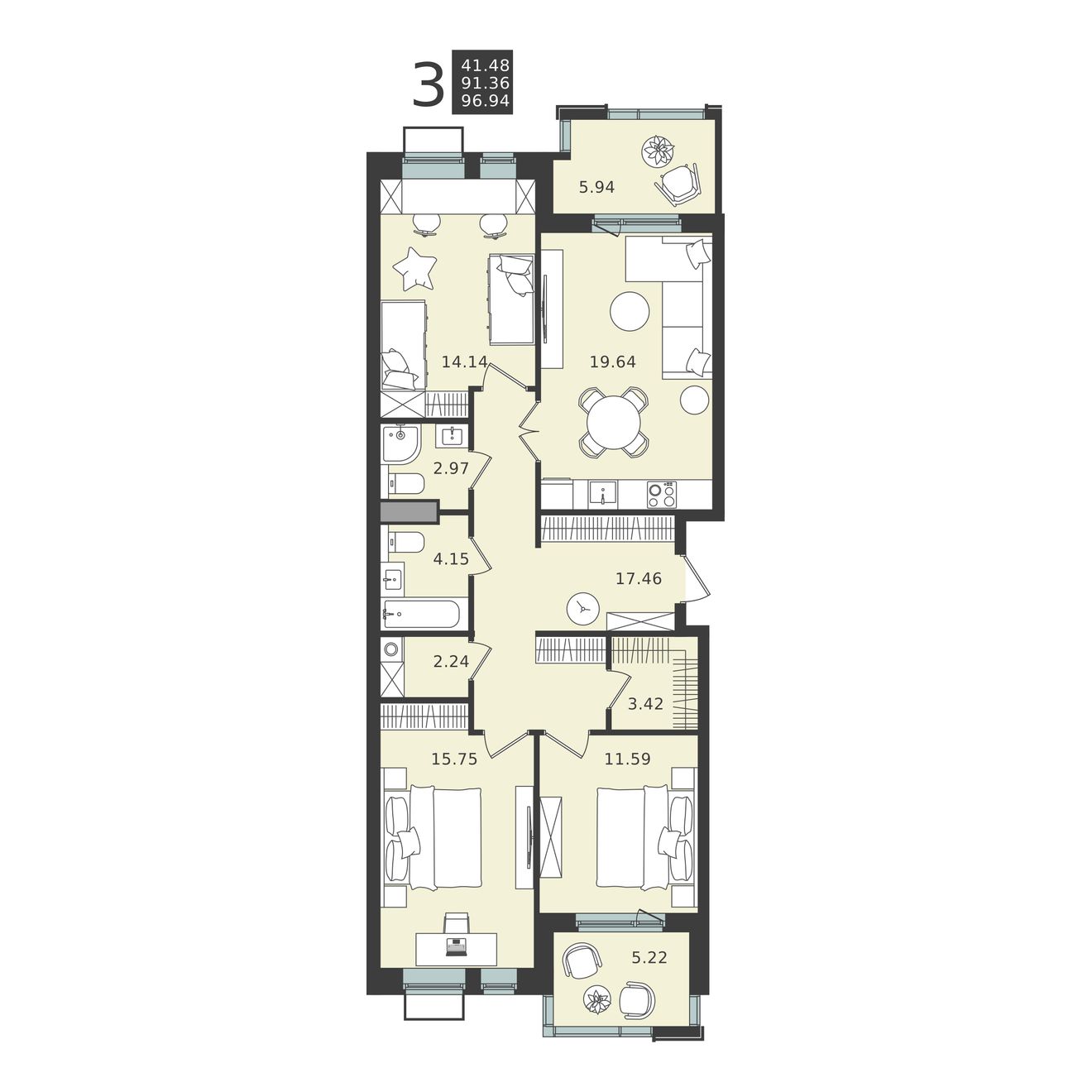 3 комн. квартира, 96.9 м², 2 этаж 
