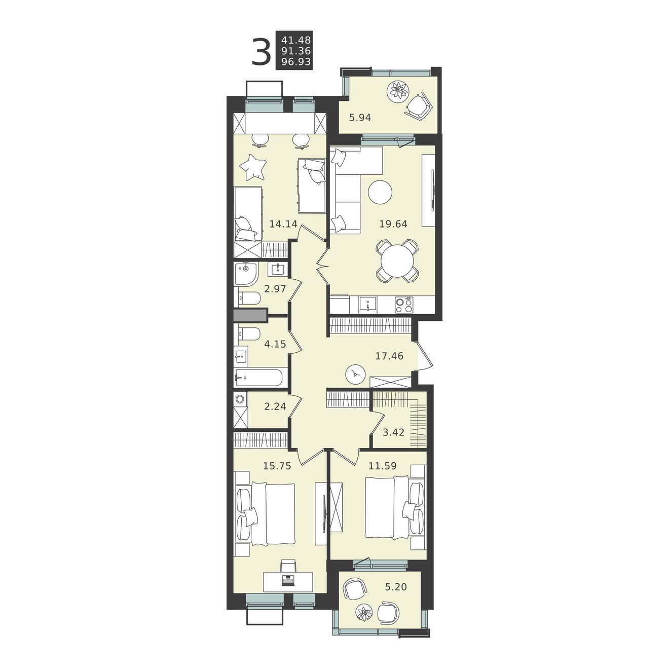 3 комн. квартира, 96.9 м², 4 этаж 