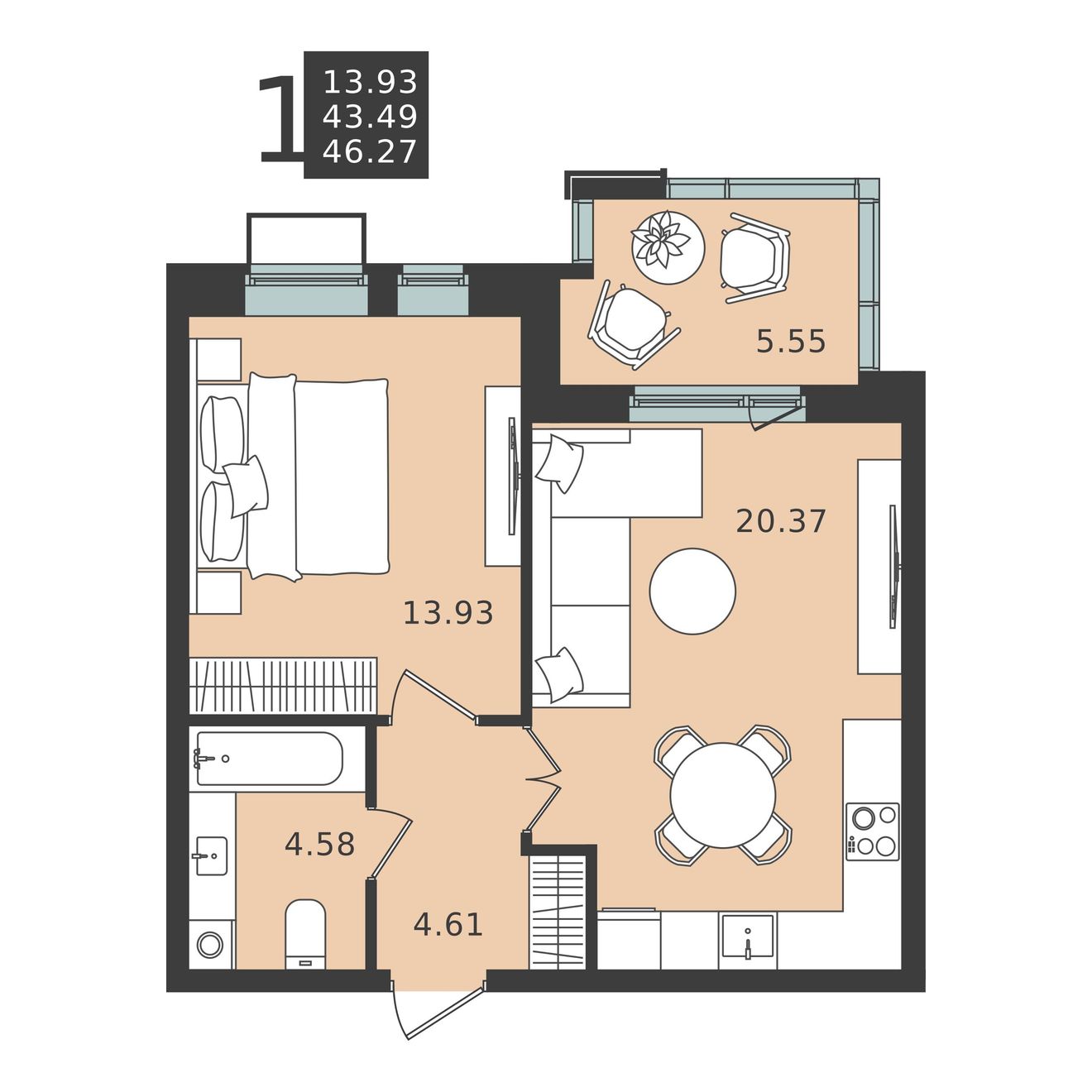 1 комн. квартира, 46.3 м², 2 этаж 