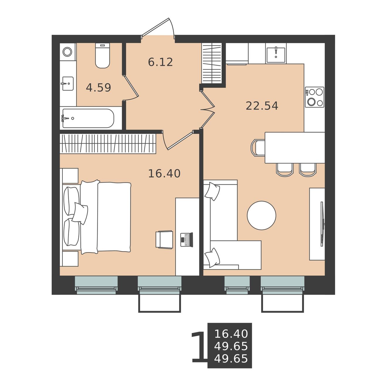 1 комн. квартира, 49.6 м², 3 этаж 