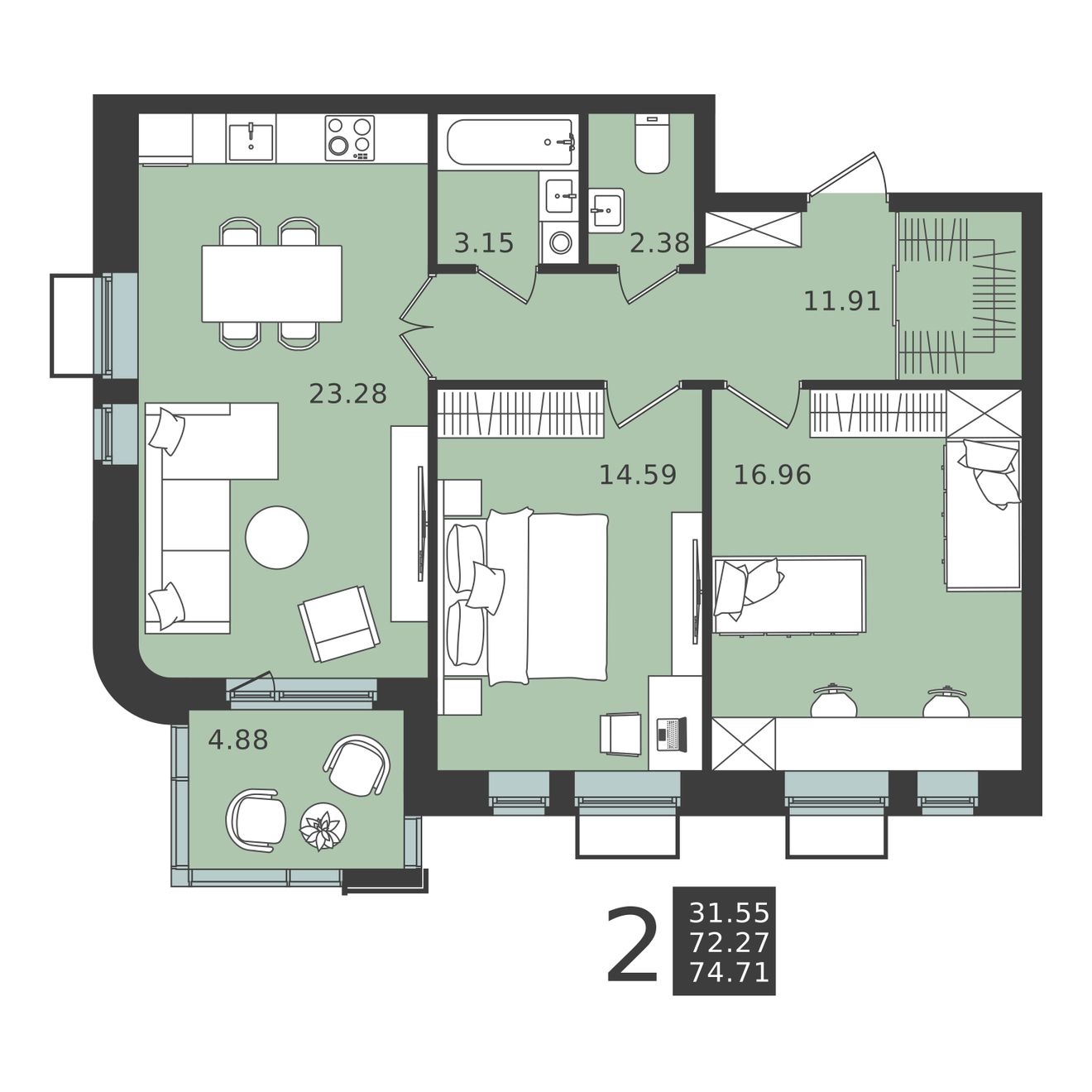2 комн. квартира, 74.7 м², 3 этаж 