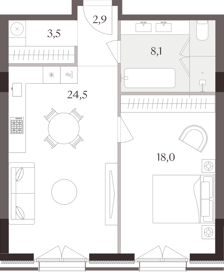 1 комн. квартира, 58 м², 5 этаж 