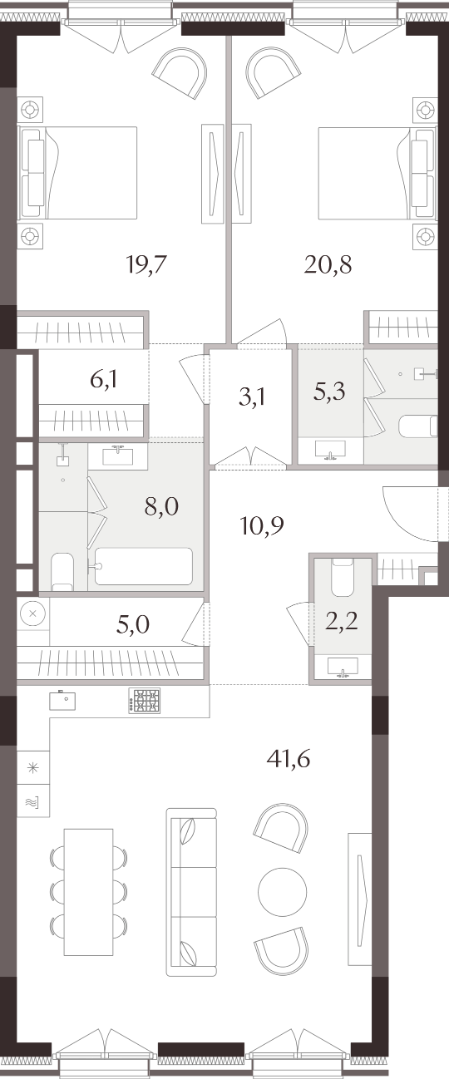 2 комн. квартира, 125 м², 2 этаж 