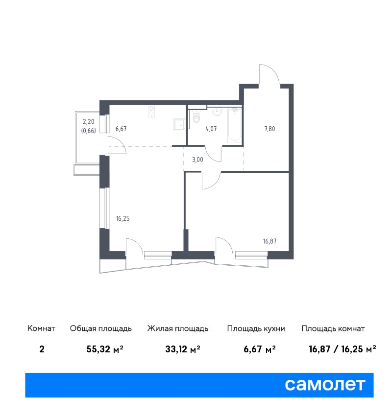 1 комн. квартира, 55.3 м², 9 этаж  (из 17)