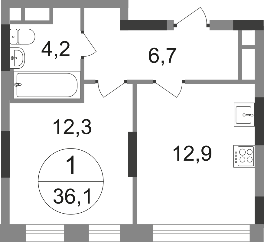 1 комн. квартира, 36.1 м², 15 этаж  (из 17)