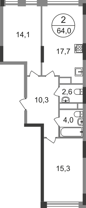 2 комн. квартира, 64 м², 12 этаж  (из 17)
