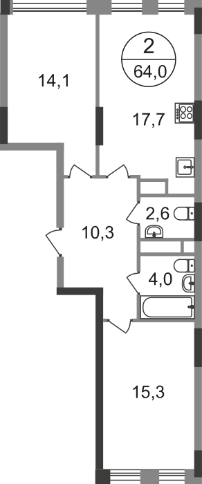 2 комн. квартира, 64 м², 15 этаж  (из 17)