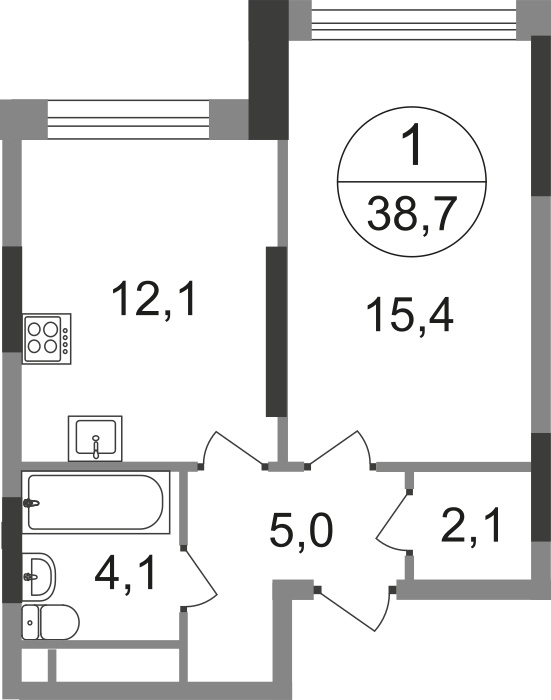 1 комн. квартира, 38.7 м², 15 этаж  (из 17)