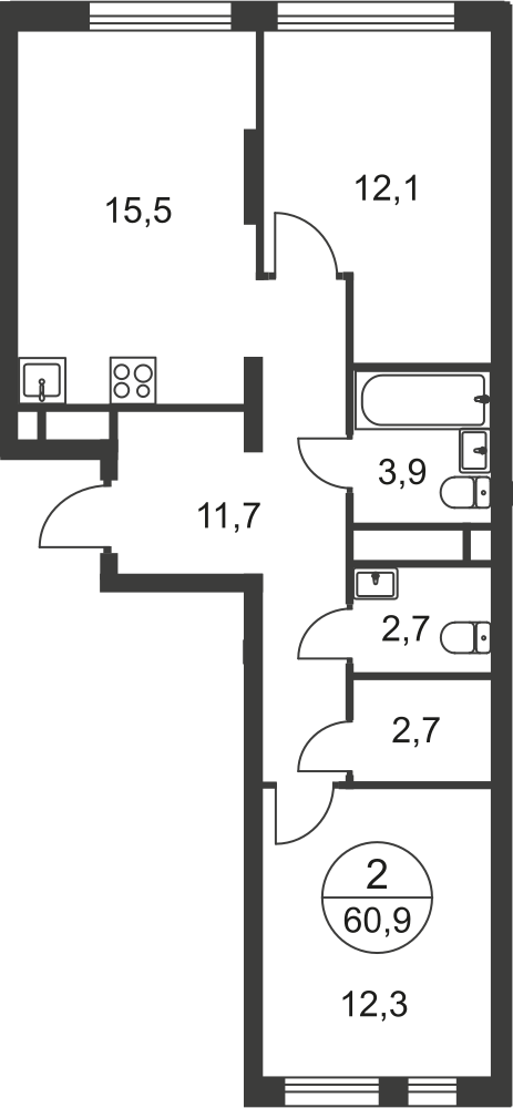 2 комн. квартира, 60.9 м², 12 этаж  (из 17)
