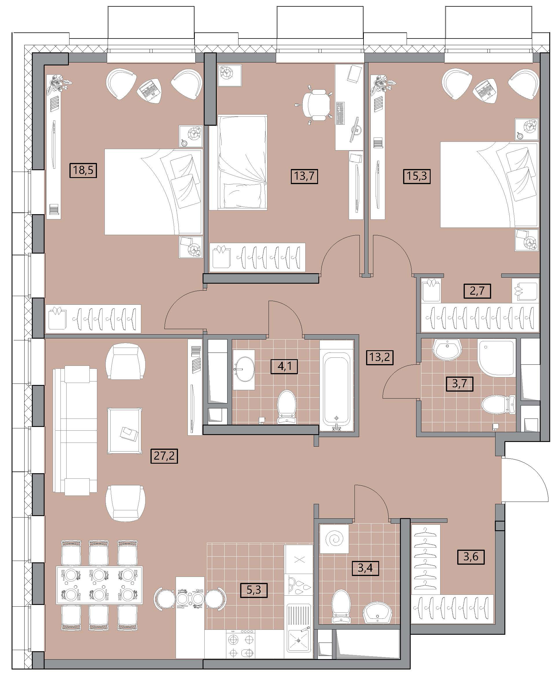 3 комн. квартира, 111.6 м², 18 этаж 