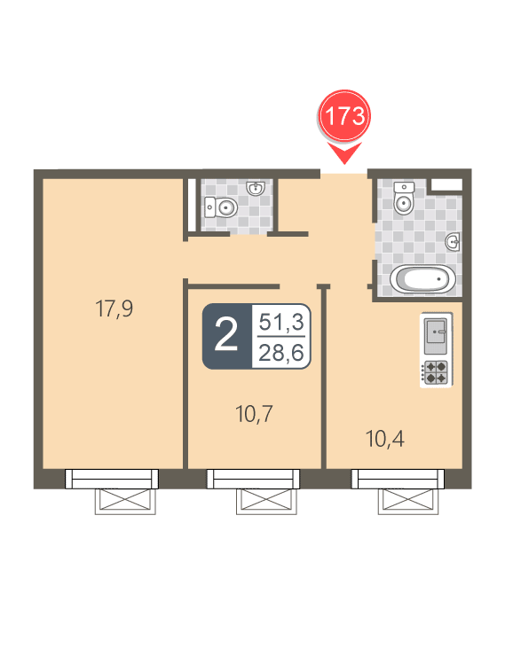 2 комн. квартира, 51.3 м², 19 этаж 