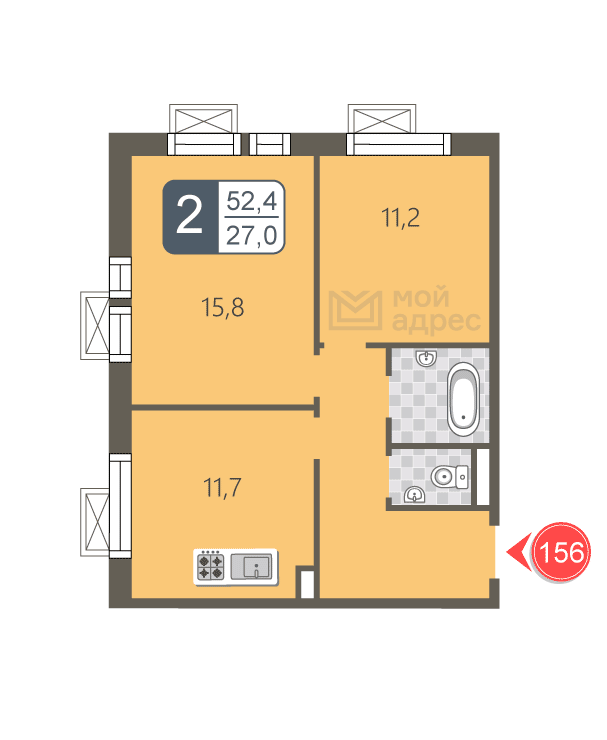 2 комн. квартира, 52.4 м², 17 этаж 