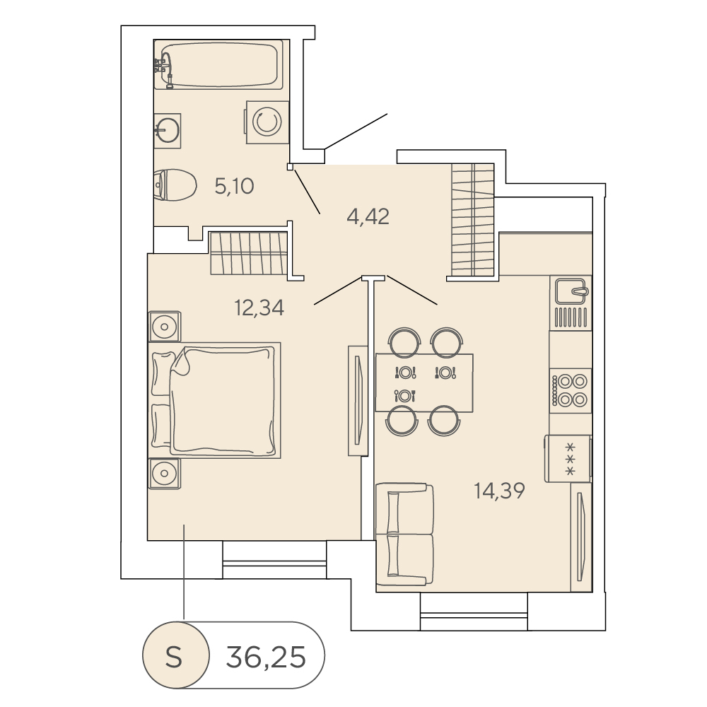 1 комн. квартира, 36.2 м², 1 этаж 