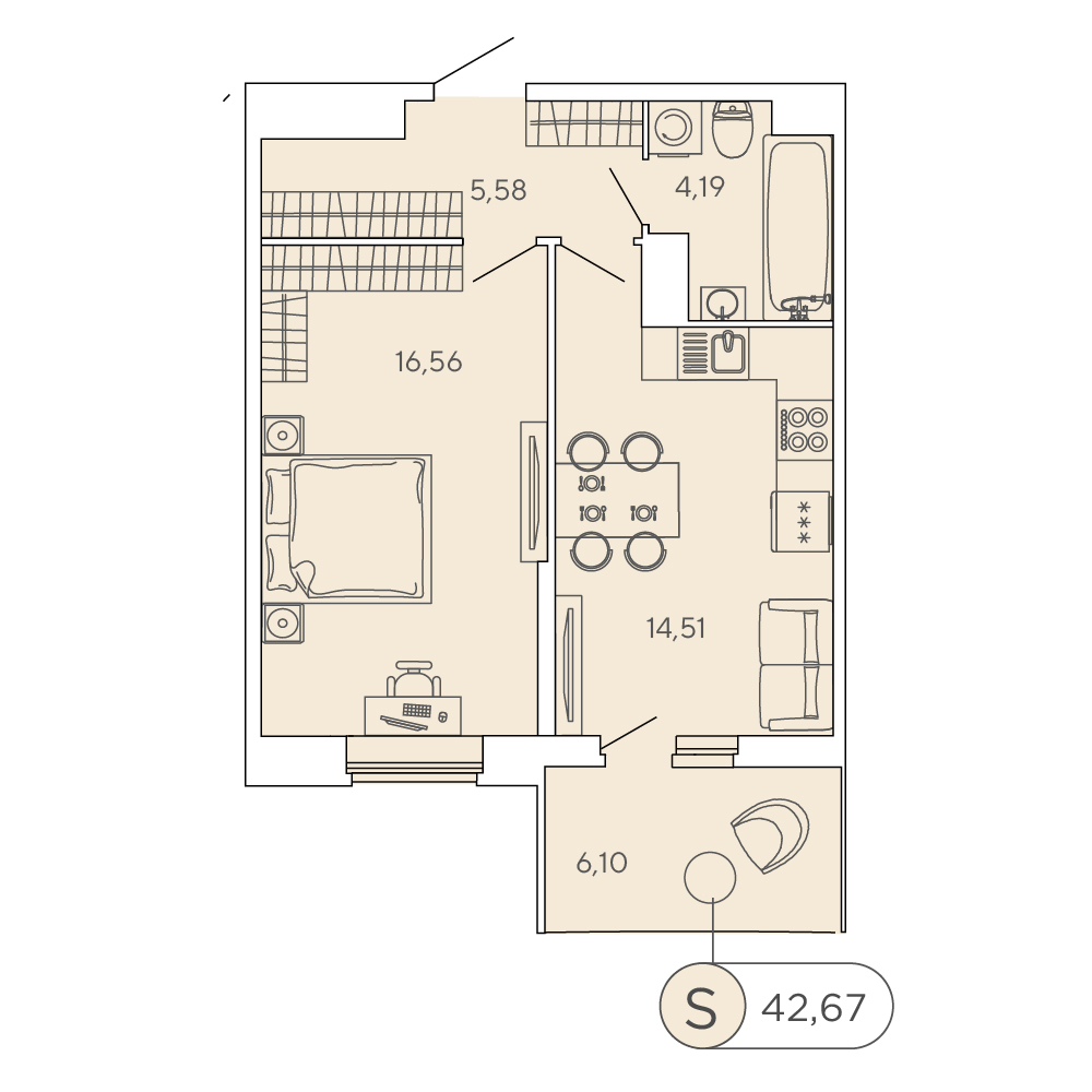 1 комн. квартира, 42.7 м², 12 этаж 
