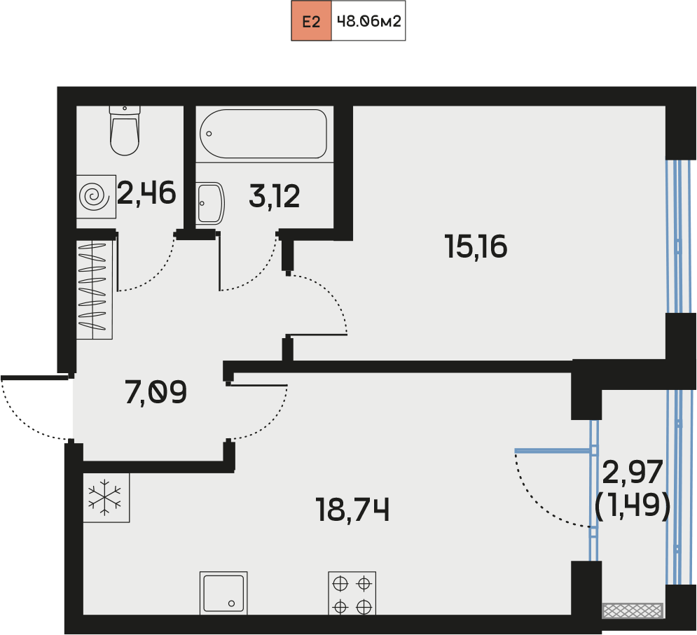 1 комн. квартира, 48.2 м², 2 этаж  (из 9)