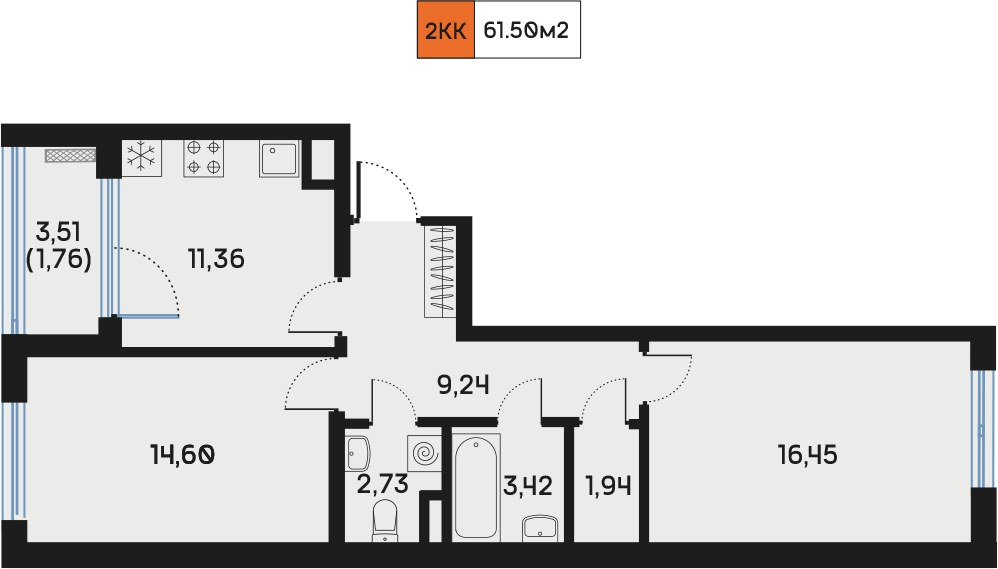 2 комн. квартира, 61.6 м², 3 этаж  (из 9)