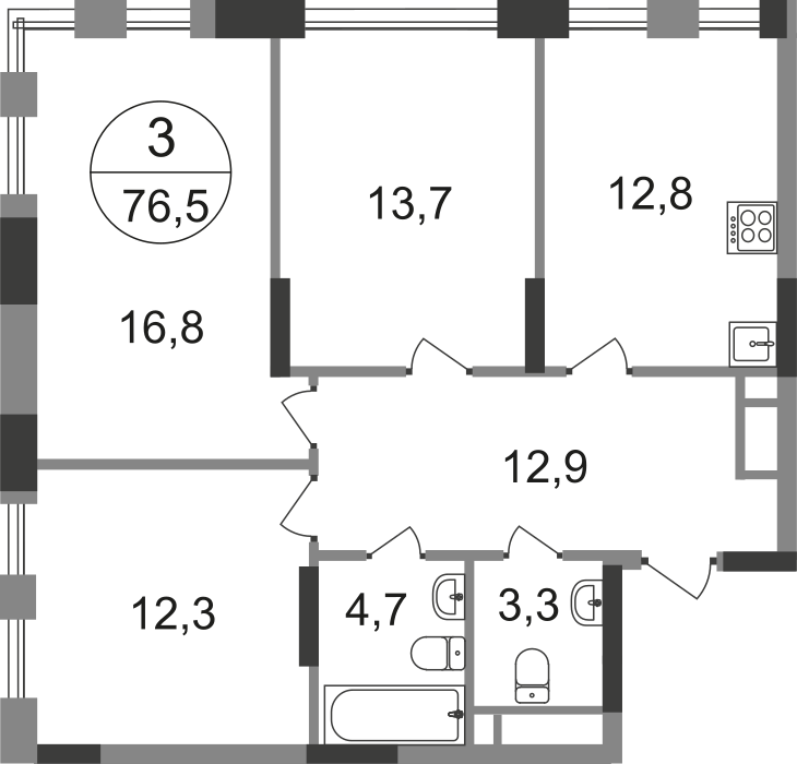 3 комн. квартира, 76.5 м², 12 этаж  (из 17)