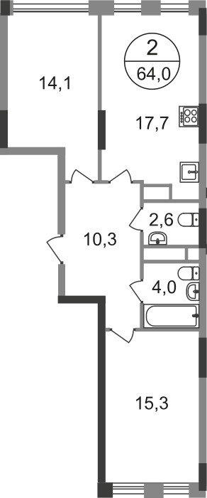 2 комн. квартира, 64 м², 10 этаж  (из 17)