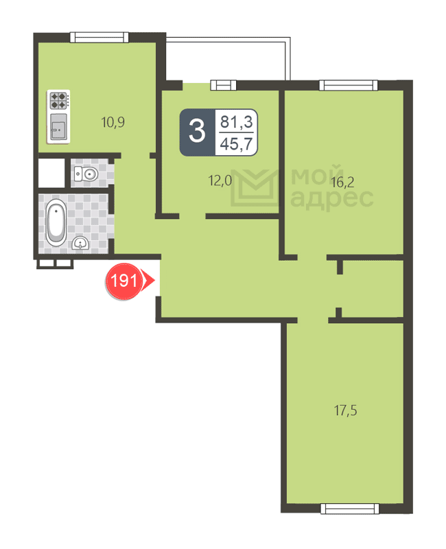 3 комн. квартира, 81.3 м², 4 этаж 