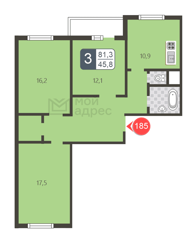 3 комн. квартира, 81.3 м², 2 этаж 