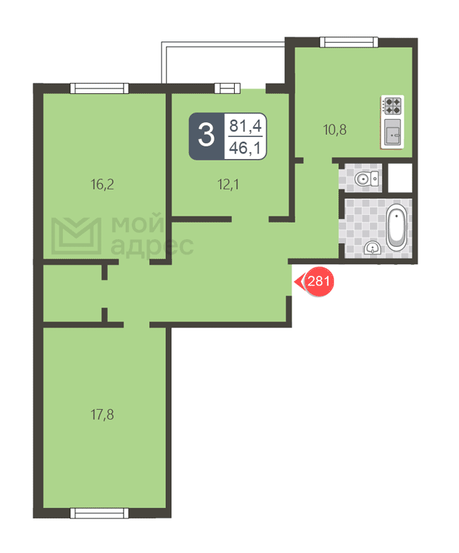3 комн. квартира, 81.4 м², 10 этаж 