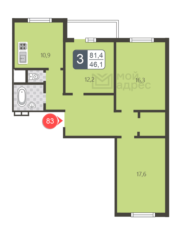3 комн. квартира, 81.4 м², 8 этаж 