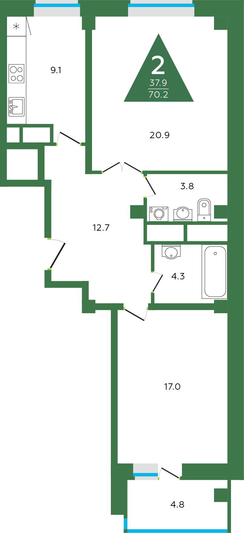 2 комн. квартира, 70.2 м², 13 этаж 