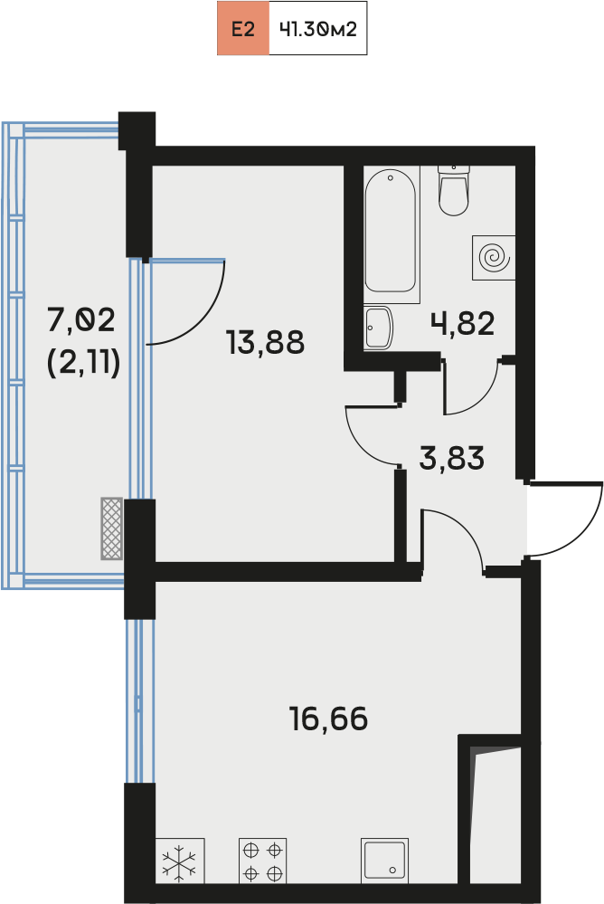 1 комн. квартира, 40.5 м², 2 этаж  (из 9)