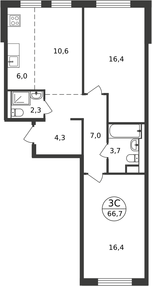 3 комн. квартира, 66.7 м², 8 этаж  (из 9)