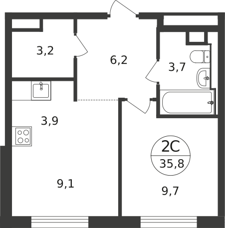 2 комн. квартира, 35.8 м², 5 этаж  (из 9)