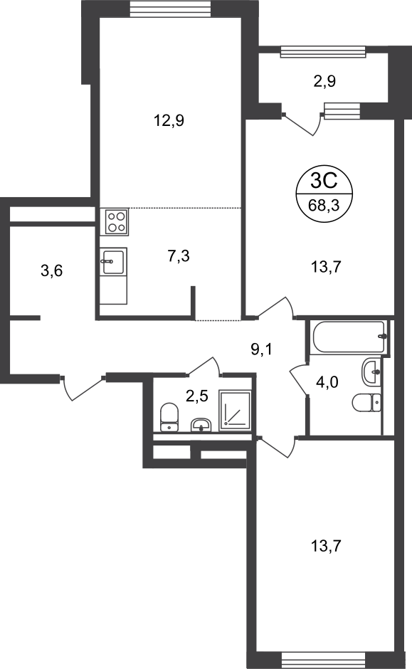 3 комн. квартира, 68.3 м², 2 этаж  (из 9)