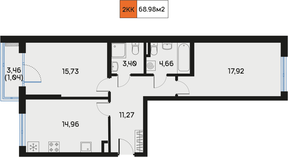 2 комн. квартира, 69.1 м², 5 этаж  (из 9)