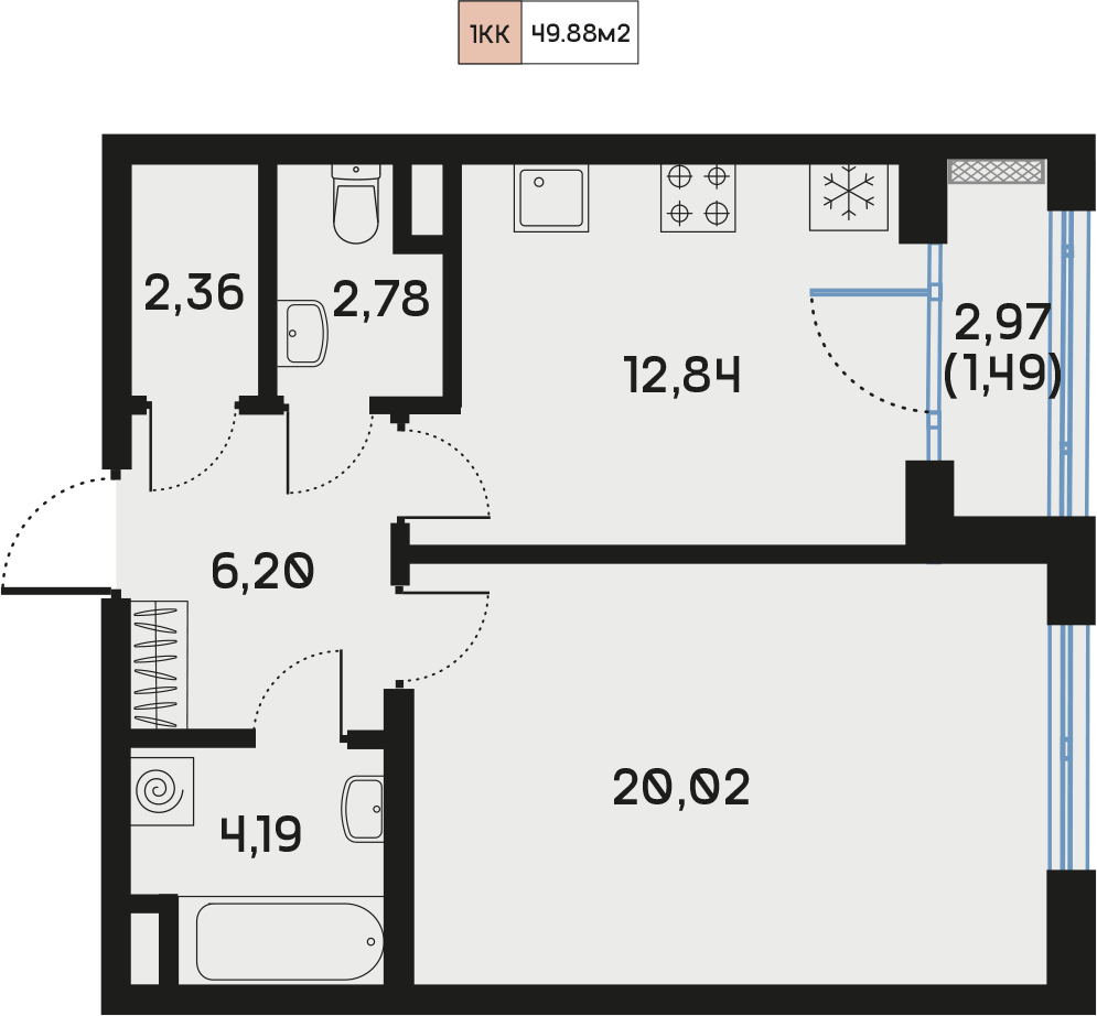 1 комн. квартира, 49.9 м², 5 этаж  (из 9)