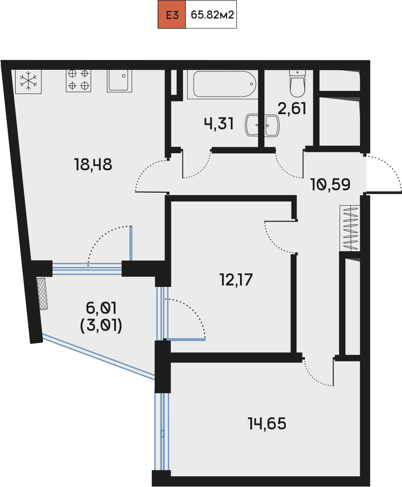 2 комн. квартира, 65.8 м², 5 этаж  (из 9)
