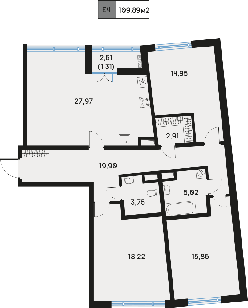 3 комн. квартира, 109.9 м², 8 этаж  (из 9)