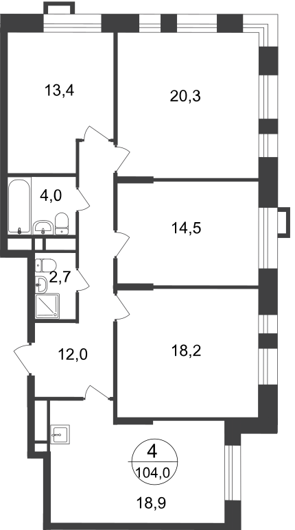 4 комн. квартира, 104 м², 18 этаж  (из 20)