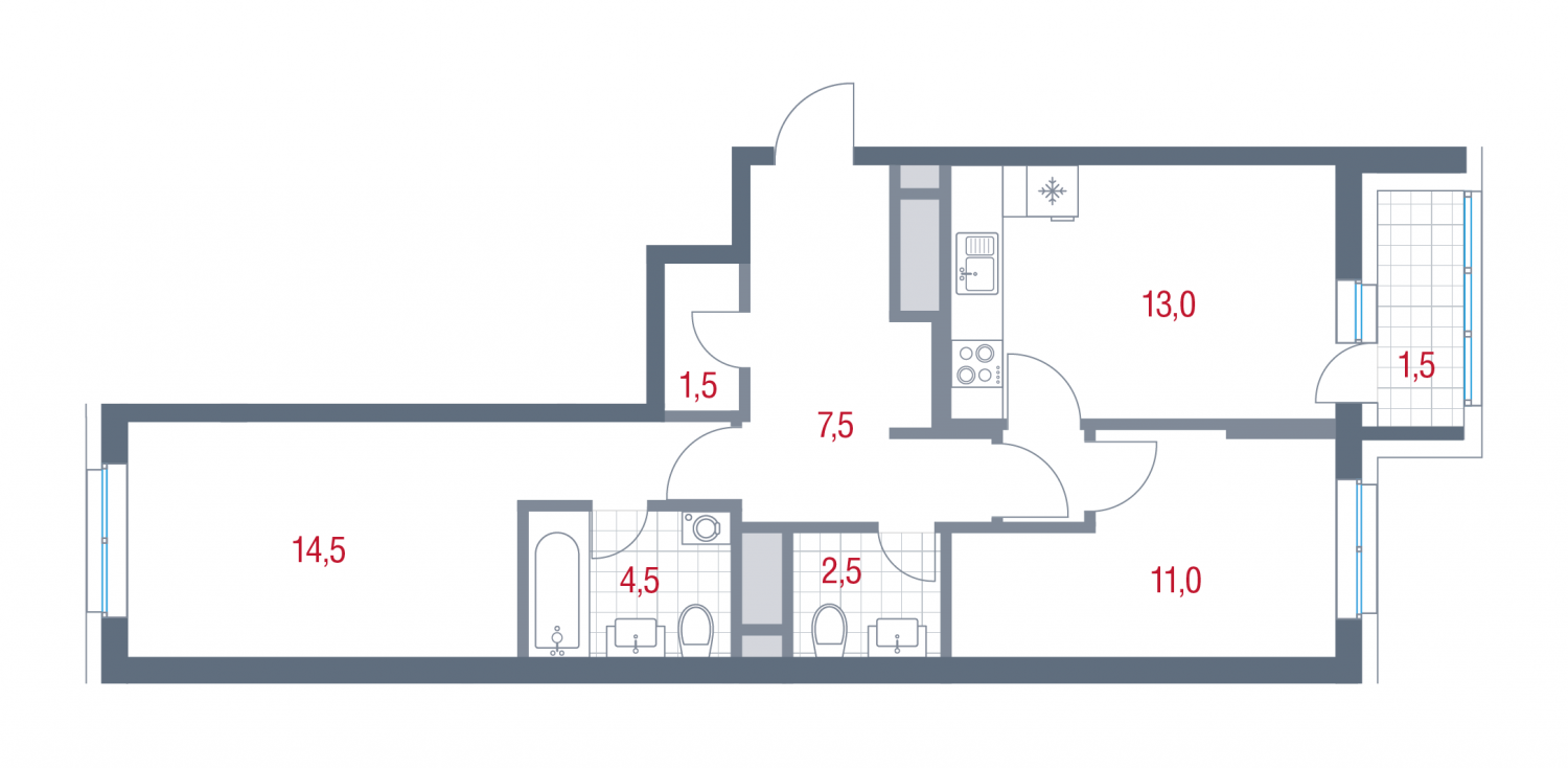 2 комн. квартира, 56 м², 23 этаж 