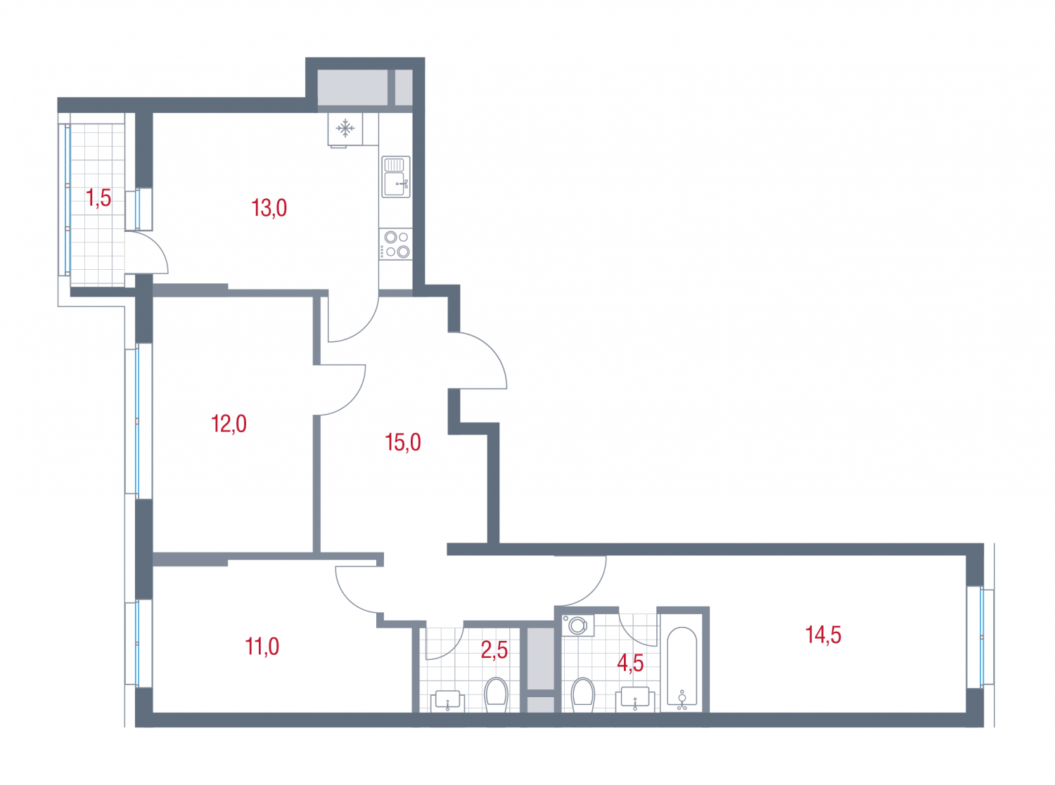 3 комн. квартира, 74 м², 4 этаж 