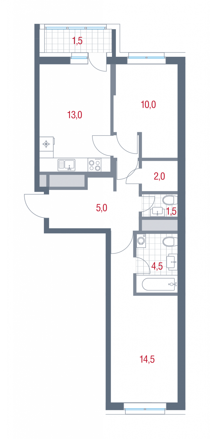 2 комн. квартира, 52 м², 4 этаж 