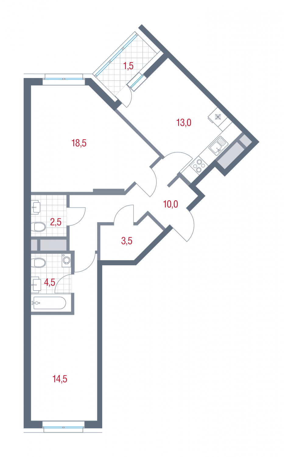 2 комн. квартира, 68 м², 10 этаж 