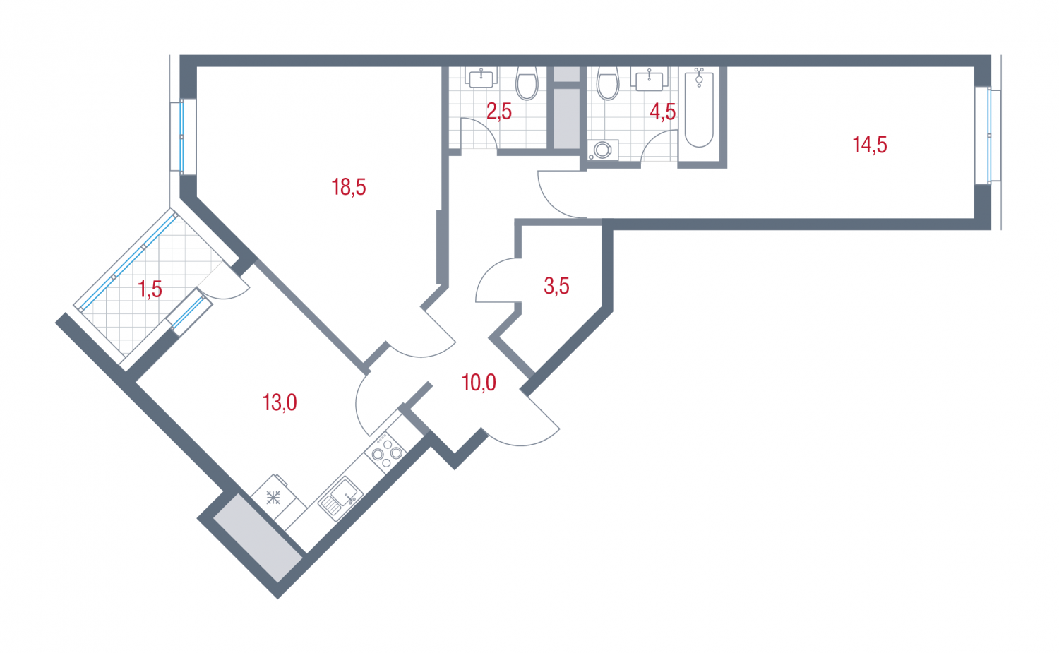 2 комн. квартира, 68 м², 23 этаж 