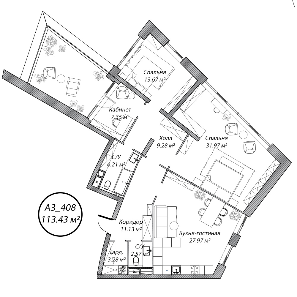 3 комн. квартира, 113.4 м², 4 этаж 
